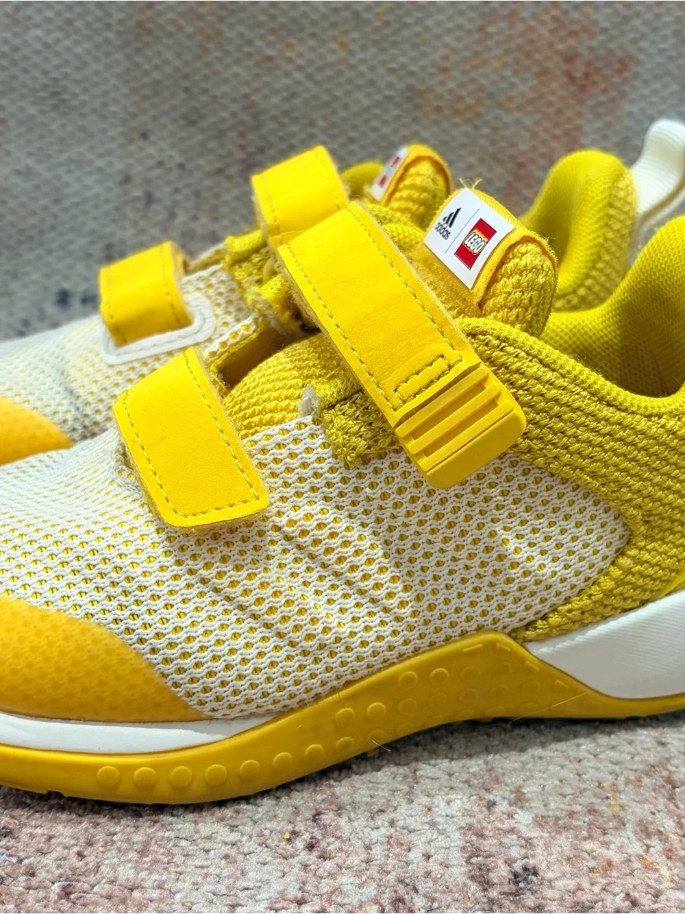 Adidas x LEGO Kids Sneakers Yellow White Size US 9.5 Velcro Shoes